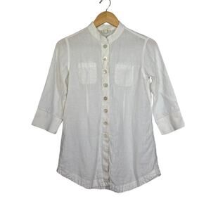 J Jill 100% Linen Mandarin Collar Top White 3/4 Sleeve Button Up XXS Petite
